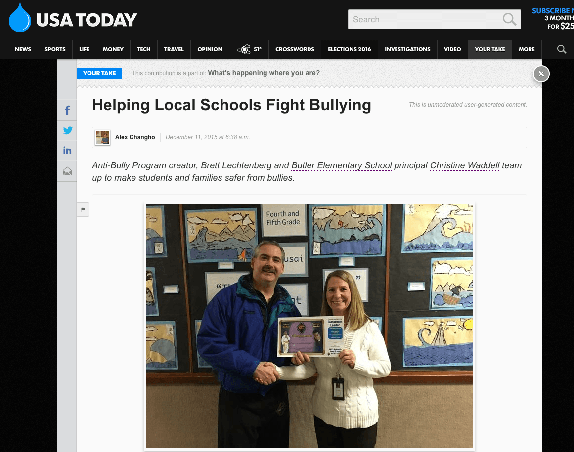 Brett's Anti-Bullying Program featured at Butler Elementary - USA Today